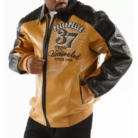 Pelle-Pelle-Yellow-Unrivaled-Avant-Garde-Leather-Jacket-2-595x595-1-450x450-1.webp Pelle Pelle Unrivaled Men Leather Jacket | Yellow & Black - Image 1