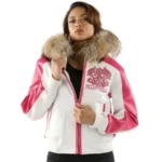 Pelle Pelle White Pink Women Leather Jacket | Fur Hood - Image 4